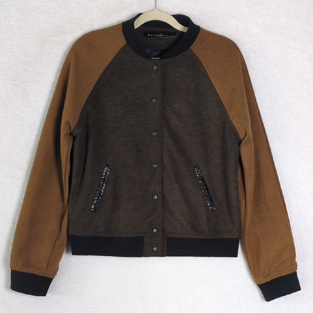 Beulah Style Women's Faux Suede Tan Varsity Bomber Jacket Size S